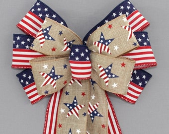 Patriotic Stars Flag Wreath Bow - 4th of July Wreath Decorations, Red White Blue Wreath Bows, Memorial Day Bow, Americana Decor