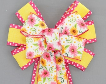 Yellow Hot Pink Floral Daisy Spring Wreath Bow - Easter Wreath Bow, Spring Wreath Bow, Summer Wreath Bow