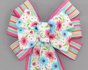 Hot Pink Turquoise Floral Daisy Spring Wreath Bow - Easter Wreath Bow, Spring Wreath Bow, Summer Wreath Bow