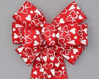 Valentines Day Red Heart White Bow for Wreath Gift Swag Lantern Basket Tree Door 10 x 18 inches