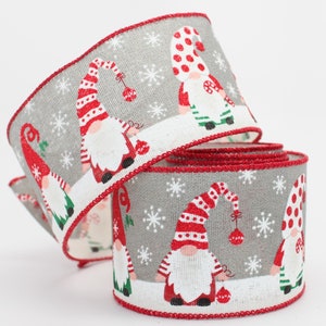 Gray Festive Holiday Gnomes Christmas Wired Ribbon - 3 Yards Ribbon ,  2.5" Ribbon, Ribbon for Wreaths, Christmas Ribbon