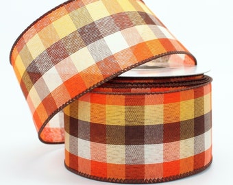 2.5/" Metallic Woven Plaid Check Fall Wired Ribbon Autumn Ribbon 5 Yards