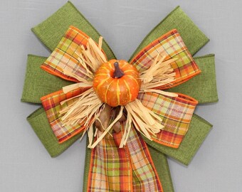 Pumpkin Plaid Moss Green Rustic Fall Wreath Bow - Fall Plaid Bow, Fall Wreath Bow, Fall Decorations, Thanksgiving Decorations