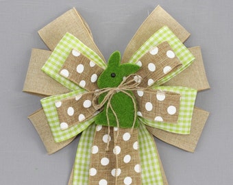 Moss Bunny Gingham Polka Dot Easter Wreath Bow - Easter Wreath Bow, Easter Basket Bow, Easter Decorations