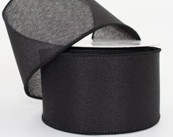 50 yards Black Linen Wire Edge Ribbon - Halloween Rustic Ribbon, Ribbon for Wreaths,