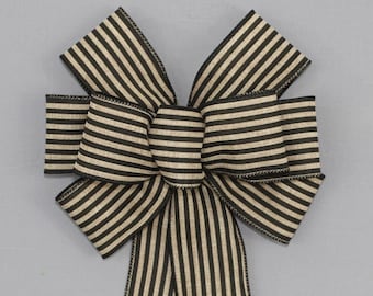 Black Natural Cabana Stripe Rustic Wreath Bow - Easter Wreath Bow, Spring Rustic Bow, Fall Wreath Bow, Wreath Bows