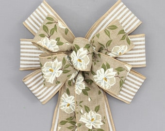 Magnolia White Stripe Wreath Bow - Magnolia Wreath Bow, Burlap Wreath Bow, Fall Wreath Bow, Spring Wreath Bow