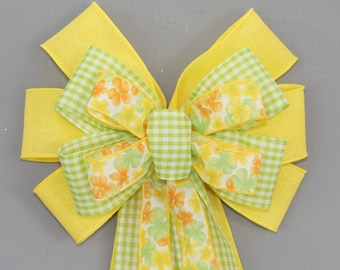 Yellow Floral Green Gingham Spring Wreath Bow - Spring Wreath Bow, Easter Wreath Bow, Mother's Day Bow