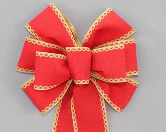 Red Rustic Natural Scallop Edge Christmas Wreath Bow -  Red Christmas Wreath Bow, Christmas Decorations,  Valentine's Day Bow, Patriotic Bow