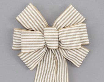 Natural White Cabana Stripe Rustic Wreath Bow - Easter Wreath Bow, Spring Rustic Bow, Fall Wreath Bow, Wreath Bows