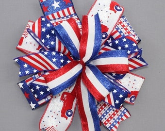 Patriotic Truck Stars Stripes Wreath Bow - Patriotic Wreath Bow, 4th of July Decorations, Wreath Bow