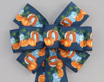 Blue Fall Toile Pumpkins Wreath Bow - Fall Decorations, Thanksgiving Decorations, Available in 2 sizes