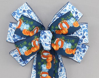 Blue Toile Pumpkins Fall Wreath Bow - Fall Plaid Bow, Fall Wreath Bow, Blue Fall Bow, Wreath Bow