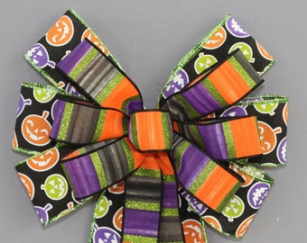 Sample Sale - Festive Jack-o-Lantern Stripe Halloween Wreath Bow - Halloween Wreath Bow, Halloween Decorations, Wreath Bow