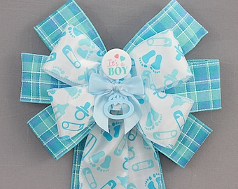 It's a Boy Blue Plaid Baby Shower Wreath Bow  - Baby Boy Shower Bow, Baby Hospital Decoration, Baby Wreath Bow