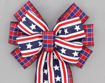 Bold Star Plaid Patriotic Wreath Bow - 4th of July Wreath Decorations, Red White Blue Wreath Bows, Memorial Day Bow, Americana Decorations