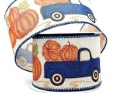 10 yards Blue Truck Pumpkin Patch Fall Wired Ribbon - Pumpkin Wired Ribbon, Ribbon for Wreaths, Fall Ribbon, Wired Ribbon