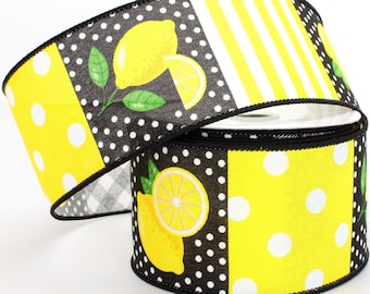 10 yards Lemon Block Wired Ribbon - Easter Wired Ribbon, Spring Ribbon