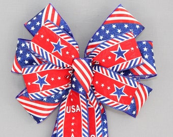 USA Star Diagonal Flag Patriotic Wreath Bow - 4th of July Wreath Decorations, Memorial Day Bow, Americana Decorations