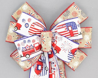 Patriotic Truck Camper Fireworks Wreath Bow - 4th of July Wreath Decorations, Memorial Day Bow, Americana Decor