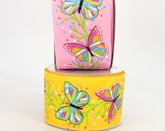 Pastel Butterflies Spring Wired Ribbon -  2.5" Wired Ribbon, 2 Color Options, Butterfly Ribbon, Spring Ribbon