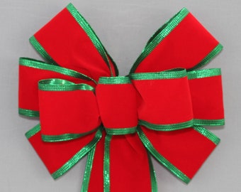 Red Velvet Green Metallic Edge Christmas Wreath Bow -  Wreath Bow,  Christmas Bow, Red Velvet Christmas Bow