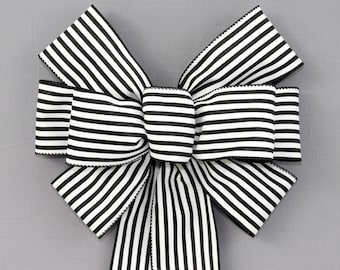Black White Cabana Stripe Wreath Bow - Easter Wreath Bow, Spring Rustic Bow, Fall Wreath Bow, Wreath Bows