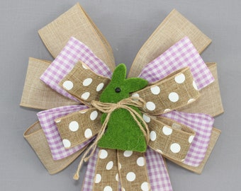 Moss Bunny Lavender Gingham Polka Dot Easter Wreath Bow - Easter Wreath Bow, Easter Basket Bow, Easter Decorations