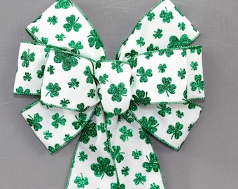 Sparkle Shamrock White St. Patrick's Day Wreath Bow - St Patrick's Day Decorations, St. Patrick's Day Bow, Shamrock Wreath Bow