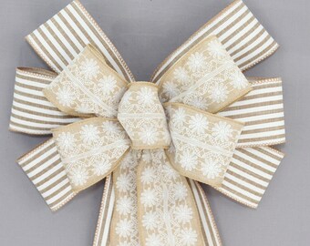 Daisy Lace Cabana Stripe Wreath Bow - Natural Wreath Bow, Burlap Wreath Bow, Spring Wreath Bow