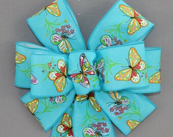 Turquoise Butterfly Floral Spring Wreath Bow - Butterfly Wreath Bow, Easter Wreath Bow, Wreath Bow