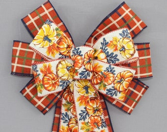 Sample Sale - Fall  Blue Pumpkins Trellis Plaid Wreath Bow - Fall Pumpkins Wreath Bow, Fall Wreath Bow, Fall Decorations, Thanksgiving Decor