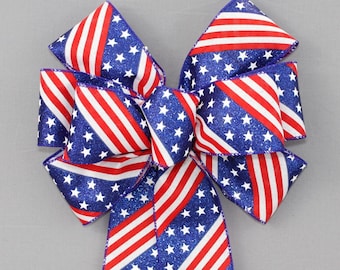 Diagonal Patriotic Flag Wreath Bow - July 4th Decorations, Patriotic Wreath Bow, Front Door Decorations