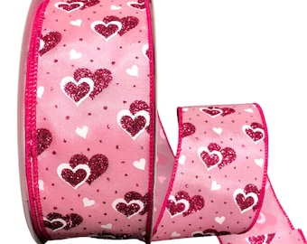 Pink Sparkle Hearts  Valentine's Day Ribbon - Ribbon for Wreaths, Valentine's Day Ribbon