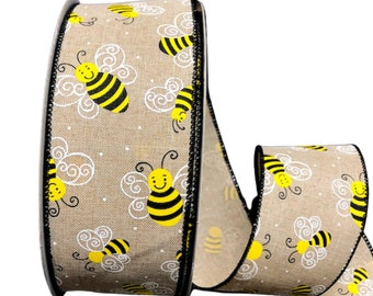 Happy Bees Natural  Wired Ribbon - Bumblebee Wired Ribbon, Easter Wired Ribbon, Spring Ribbon