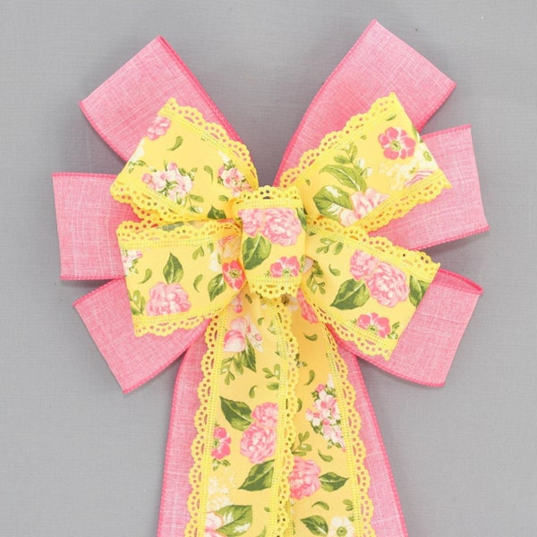 Rose Floral Lace Pink Wreath Bow - Easter Wreath Bow, Spring Wreath Bow