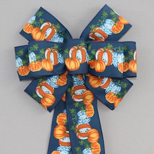 Blue Fall Toile Pumpkins Wreath Bow - Fall Decorations, Thanksgiving Decorations, Available in 2 sizes