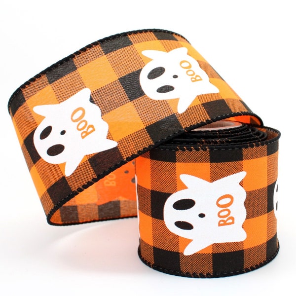 Boo Ghost Orange Black Buffalo Plaid  Halloween Wired Ribbon - Halloween Wired Ribbon, Wired Ribbon, 2.5" wide ribbon