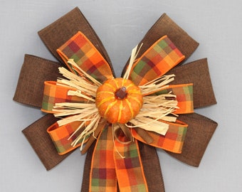 Pumpkin Fall Plaid Rustic Linen Wreath Bow - Fall Plaid Bow, Fall Wreath Bow, Fall Decorations, Thanksgiving Decorations