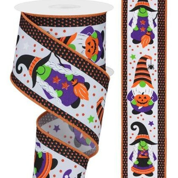 10 yards Halloween Gnomes Wired Ribbon - Halloween Ribbon, Ribbon for Wreaths, Gnome Ribbon