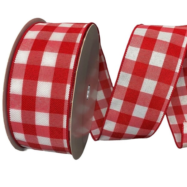 Red White Buffalo Plaid Christmas Wired Ribbon - Red White Plaid Ribbon, Ribbon for Wreaths, Christmas Ribbon