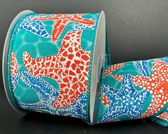 10 yards Teal Coral Starfish Wired Ribbon - Tropical Ribbon, Beach Wired Ribbon, Spring Ribbon