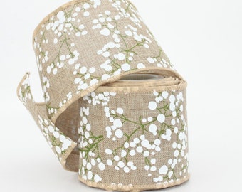 Baby's Breath Natural Linen Wired Ribbon - Baby's Breath Ribbon, Wired Ribbon, 2.5" wide ribbon