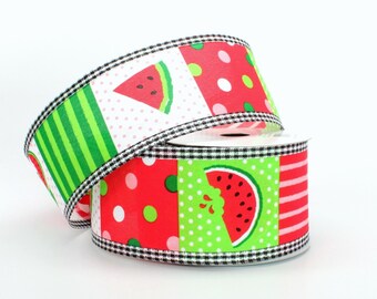 10 yards Watermelon Block Gingham Edge Wired Ribbon - Spring Ribbon, Watermelon Ribbon