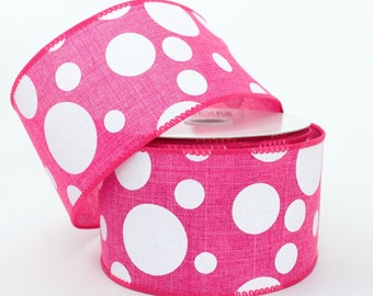 Hot Pink Fuchsia White Polka Dot Wired Edge Ribbon - Easter Ribbon, Spring Ribbon, Ribbon for Wreaths, Wired Ribbon, 2.5" wide