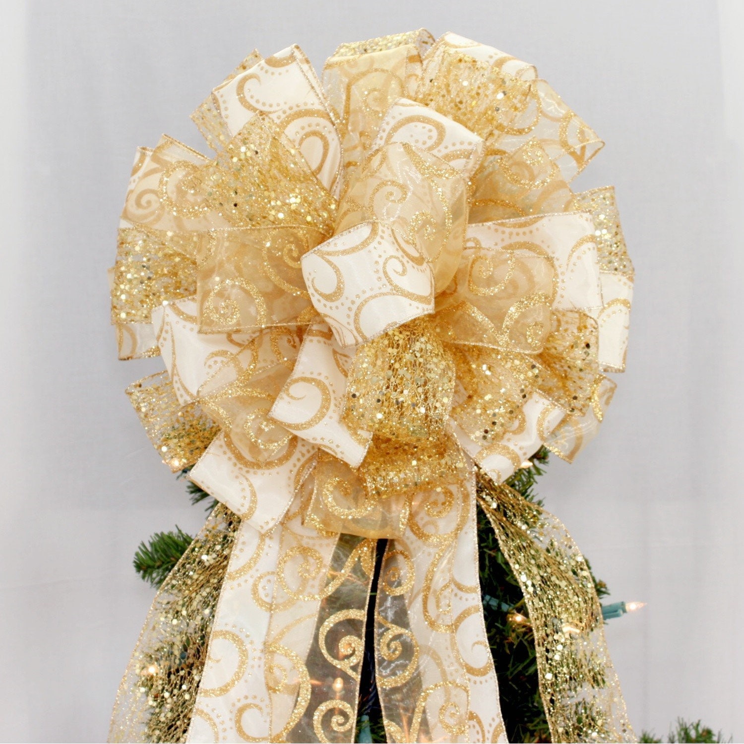 5"  10"  WIRED NATURAL SPARKLY GOLDSWIRLS CHRISTMAS RIBBON BOW WREATH TREE GIFT 