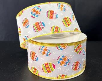 20 yards Hot Pink Yellow Easter Egg Wire Edge Ribbon - Ribbon for Wreaths, Spring Ribbon