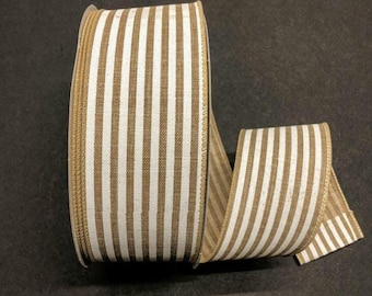 50 yards Natural Linen White Cabana Stripe Wire Edge Ribbon - Spring Ribbon, Cabana Stripe Ribbon