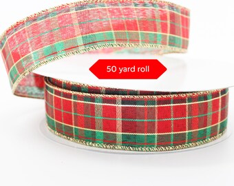 50 yards Red Green Christmas Plaid Wired Ribbon - Christmas Ribbon, Plaid Christmas Ribbon, Ribbon for Wreaths