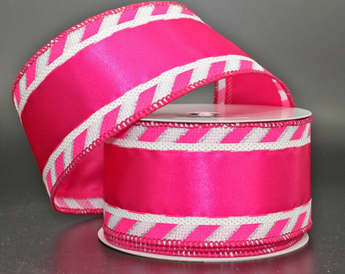 10 Yards Hot Pink Chevron Wired Edge Ribbon - 2.5